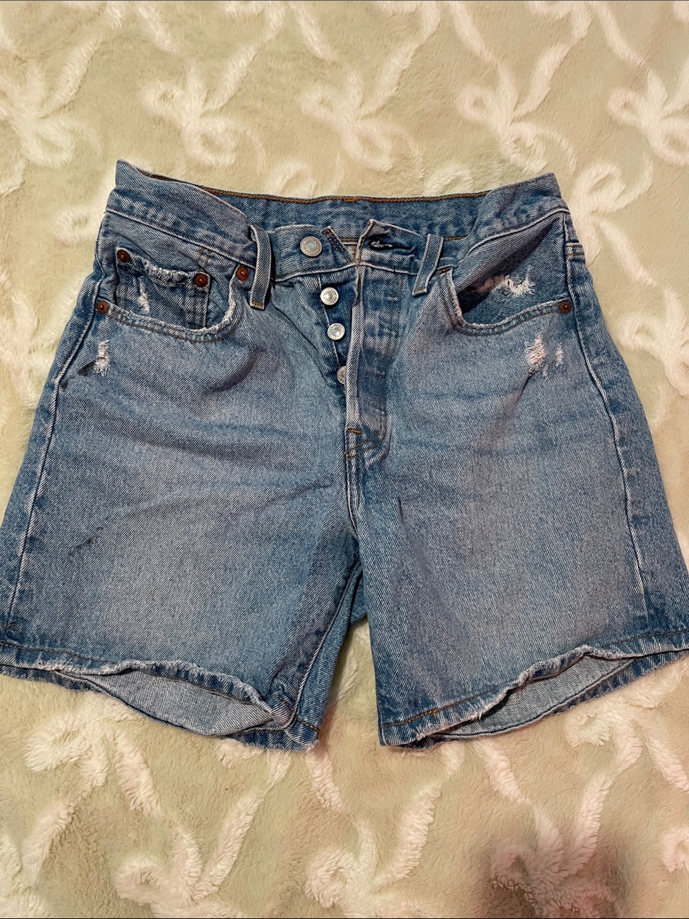 Levi's 501 Light Blue Button-Fly Distressed Denim Shorts